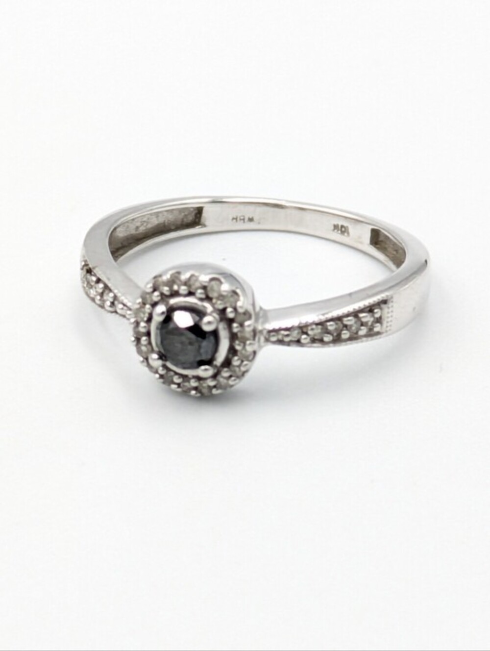 White gold 10k diamond and black diamond halo ring - Picture 6 of 11